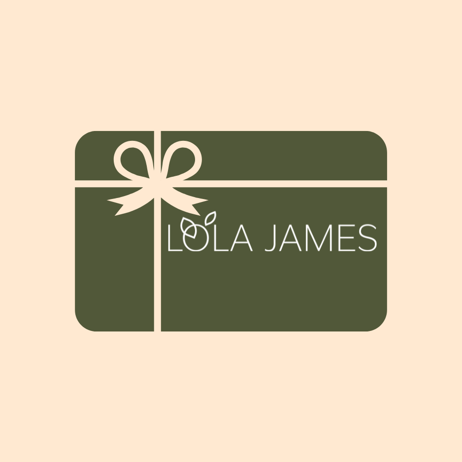 Gift card design with a bow and 'Lola James' text on a beige background