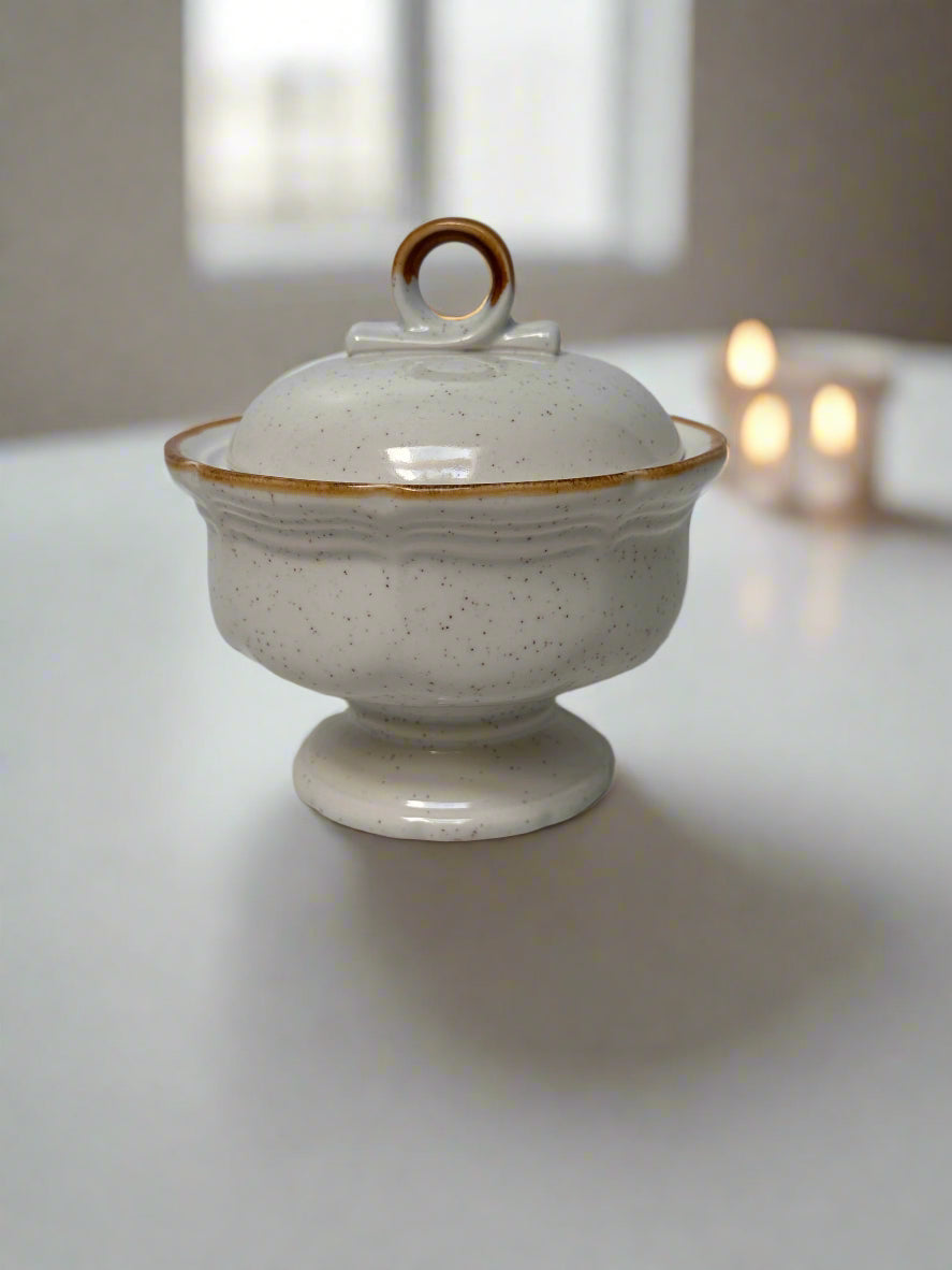 Ceramic stoneware with a lid on a white background.