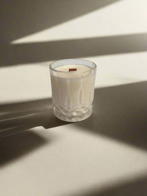 Crystal old fashioned glass with soy candle and wooden wick.