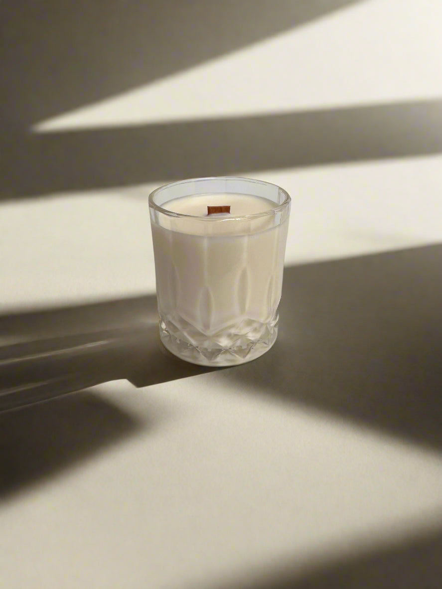 Crystal old fashioned glass with soy candle and wooden wick.