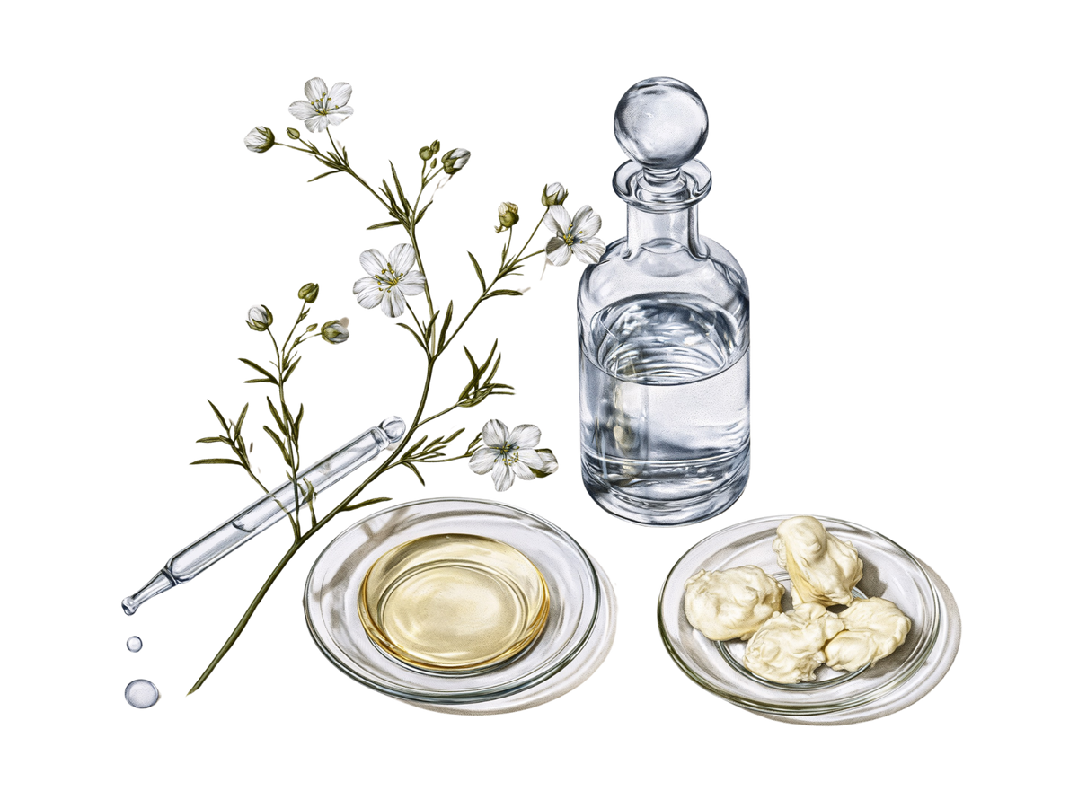 Illustrated apothecary still life with meadowfoam flowers, botanical oil, butter, water and glass pipette.