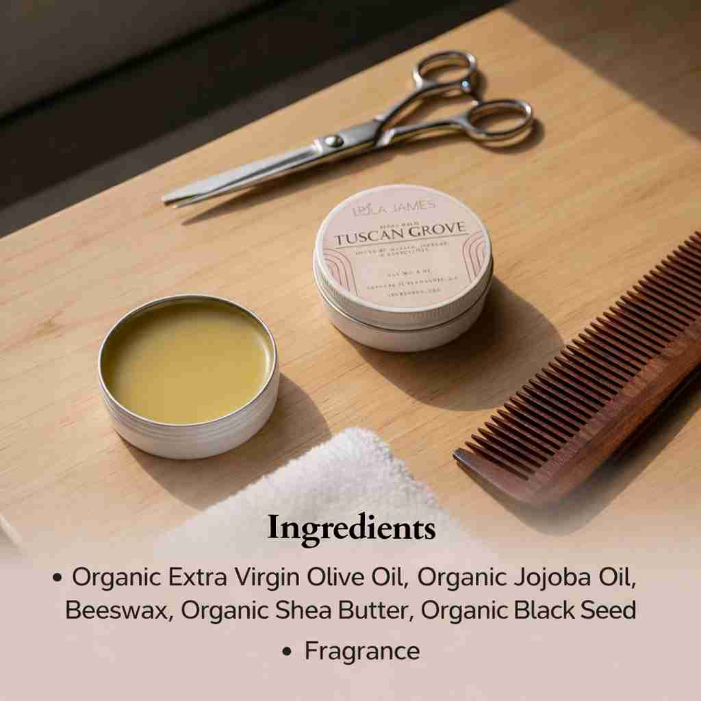 Tuscan Grove hair care product with ingredients listed on a wooden surface.