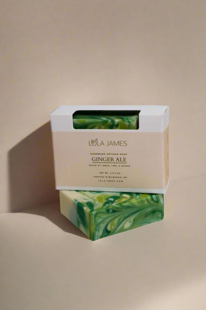 Packaged soap, green and white marbled design.