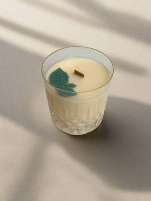 Crystal Old Fashioned Soy Candle with 3 Sage leaf embeds and wooden wick.