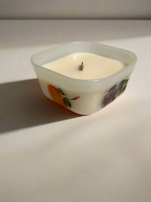 Vintage Fire King Candle, hand painted fruit, wooden wick.