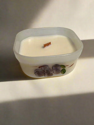 Hand painted Fire King dish with soy candle and wooden wick.