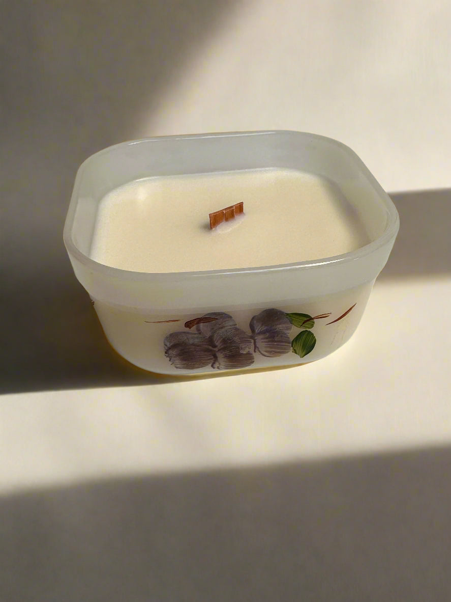 Hand painted Fire King dish with soy candle and wooden wick.