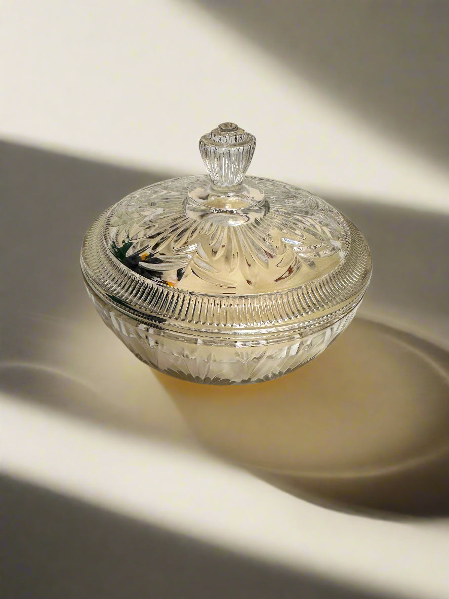 Vintage glass dish with lid, candle vessel.