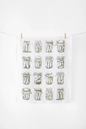 Tea towel with pickle jar pattern on a white background